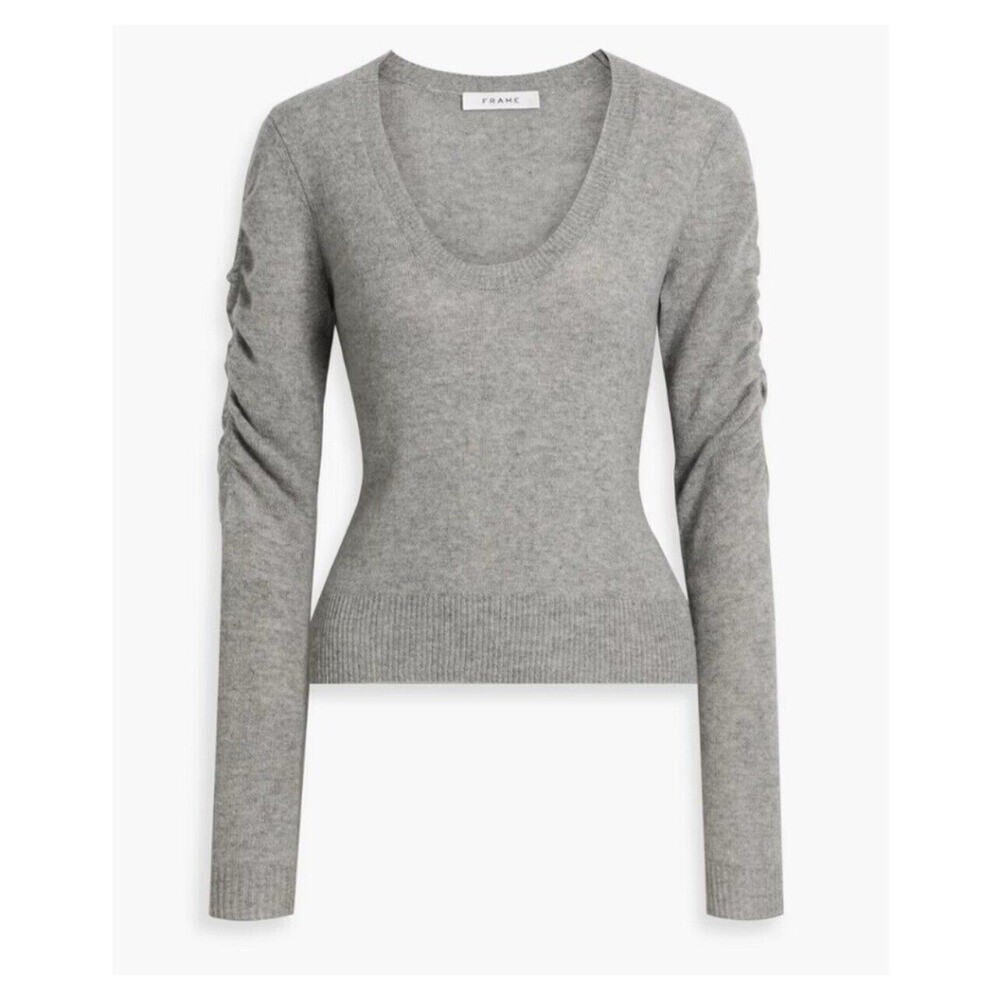 Frame 100% Cashmere Ruched Shoulder Arm Pullover Sweater In Light Gray Sz L New